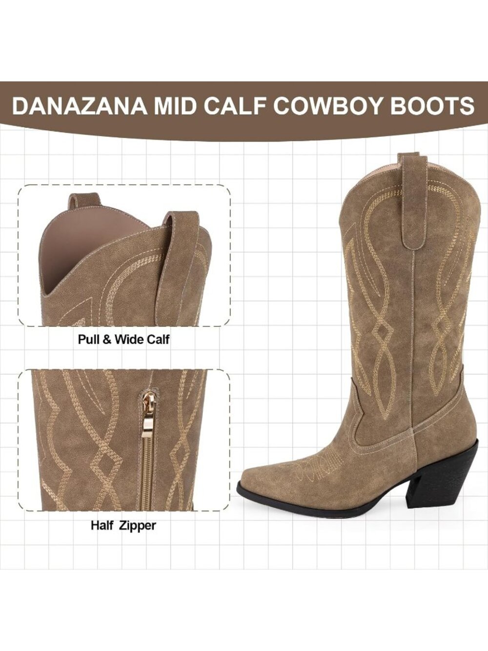 Women's Wide Calf Rhinestones Brown Pointed Toe Chunky Heel Embroidered Boots - Picture 4 of 6